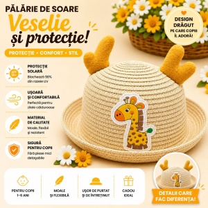 Palarie de Vara Crem pentru Copii cu Girafa Galbena, Protectie UV si Design Adorabil - Img 2