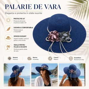Palarie de vara eleganta albastra cu flori decorative pentru plaja si vacante - Img 2