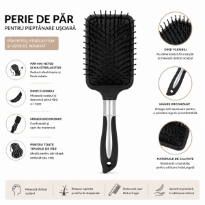 Perie de Păr Profesională cu Dinți Flexibili, neagra – Descurcare Delicată și Păr Strălucitor - Img 2