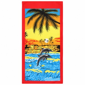 Prosop de plaja tropical cu delfini si palmieri Sunset Beach, 70x140 cm