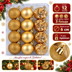 Set 12 globuri de Crăciun aurii, 3 finisaje mat, glitter și fațetat, plastic, 6 cm - Img 2