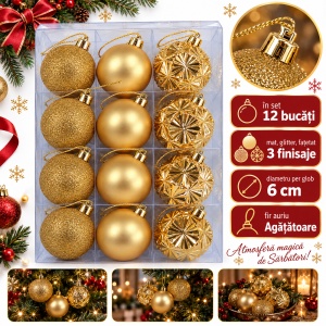 Set 12 globuri de Crăciun aurii, 3 finisaje mat, glitter și fațetat, plastic, 6 cm