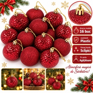 Set 16 globuri de Crăciun bordo, plastic, modele diverse, agățătoare aurie, tub 37x19 cm - Img 4