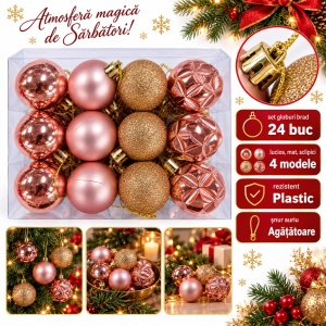 Set 24 globulețe de Crăciun rose-gold, plastic, 4 modele, agățătoare aurie
