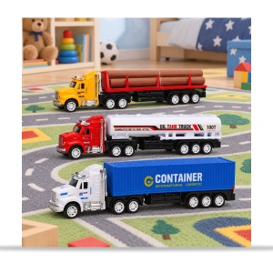 Set 3 buc camioane de jucărie, transport lemne, cisternă și container, 24 × 22,5 cm - Img 4