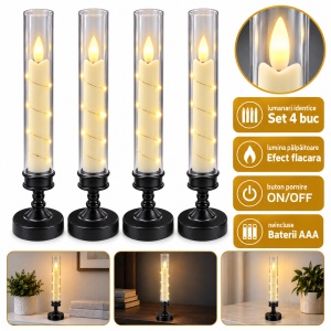 Set 4 Lumânări LED cu efect flacără, suport negru, plastic 29x6,5 cm