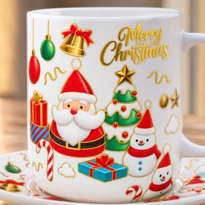 Set cana ceramica cu lingurita si farfurie, model Mos Craciun, Merry Christmas, 16x18cm - Img 3