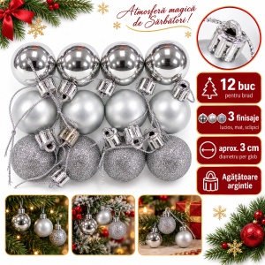 Set de 12 Globulețe Argintii pentru Brad, Lucioase, Mate și cu Sclipici, din Plastic, 3 cm - Img 6