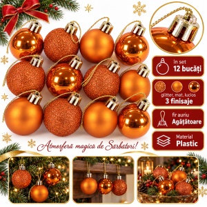 Set de 12 globulete de brad portocalii, din plastic, diverse modele, 3 cm - Img 6