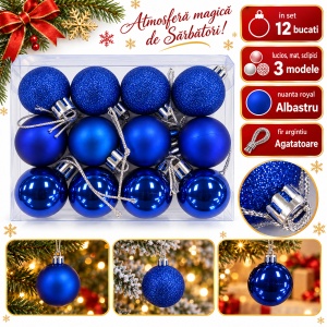 Set de 12 globulete de Crăciun, albastre, modele asortate in set, din plastic, 3 cm
