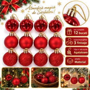 Set de 12 globulete de Craciun rosii, diverse modele in set, din plastic, 3cm