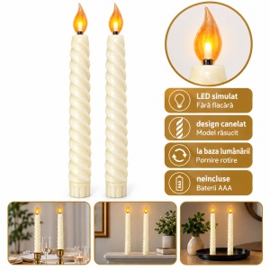 Set de 2 Lumânări LED cu efect de flacara realist, model răsucit, crem, 25cm