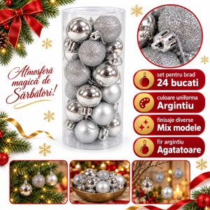 Set de 24 globuri de brad, Argintii , din plastic, modele diverse, 20 × 7,5 cm