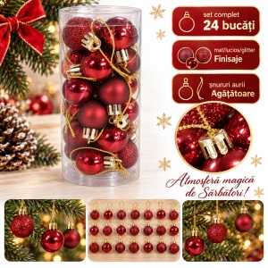 Set de 24 globuri de brad, bordo, din plastic, modele diverse, 20 × 7,5 cm - Img 5