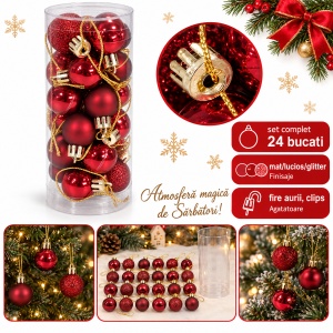 Set de 24 globuri de brad, bordo, din plastic, modele diverse, 20 × 7,5 cm