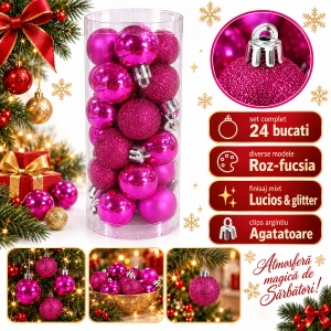 Set de 24 globuri de brad roz-fucsia, modele diverse, din plastic 21 × 9 cm - Img 2