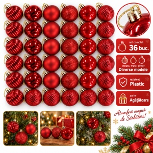 Set de 36 globulețe de brad roșii, modele diverse, din plastic, cu agățătoare aurie, 29 × 15 cm