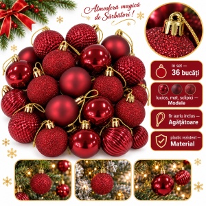 Set de 36 globulete de Crăciun, bordo, din plastic, modele combinate in set, 30x15 cm