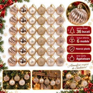 Set de 36 globulete de Craciun, Champagne, din plastic, cu agatatoare aurie, diverse modele in set