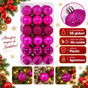 Set de 36 globulete de Crăciun, roz fucsia, modele combinate in set, din plastic, 30x15 cm