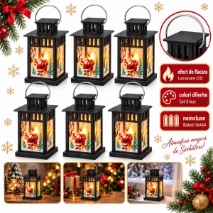 Set de 6 Felinare decorative de Crăciun cu LED, negru, din plastic, 15x8cm