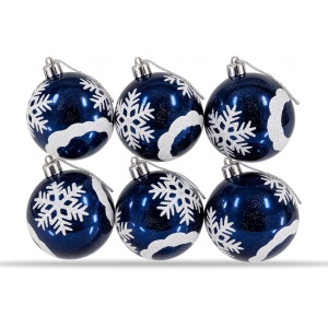 Set de 6 globuri de Crăciun, albastru închis, model cu fulgi albi cu sclipici, diametru 6 cm - Img 5