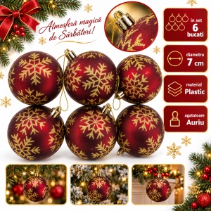 Set de 6 globuri de Crăciun, bordo cu fulgi aurii, din plastic, 7 cm - Img 2