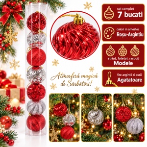 Set de 7 globuri pentru brad, din plastic, roșu-argintiu, modele diverse in set, 6 cm