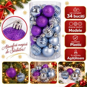 Set globuri de Crăciun 34 bucăți, albastru și mov, modele diverse, plastic, 26 × 16 cm