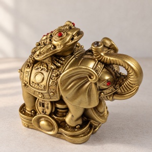 Statuetă Feng Shui elefant cu broască, monede și lingouri, rășină aurie, aprox. 11 × 9,5 × 7 cm - Img 4