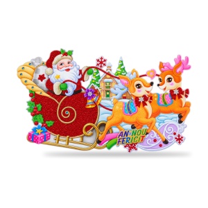 Sticker decorativ de Craciun cu sania lui Mos Craciun, pentru geam sau perete, 75x42 cm