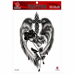 Tatuaj Temporar Semipermanent Aripi, Trandafiri și Cruce Decorativă – 20 cm, Rezistent la Apă