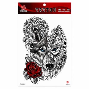 Tatuaj Temporar Semipermanent Lup Mandala și Trandafir – 20 cm, Rezistent la Apă, Efect Realist