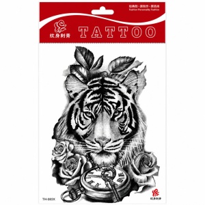 Tatuaj Temporar Semipermanent Tigru, Trandafiri și Ceas Vintage – 20 cm, Rezistent la Apă