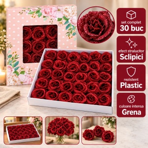 Trandafiri artificiali cu sclipici, set 30 de bucăți, grena, plastic, 8 cm