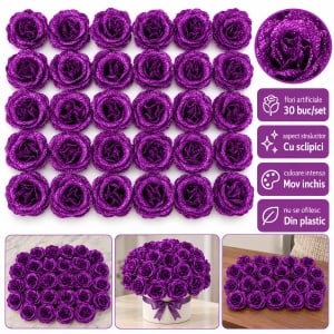Trandafiri artificiali cu sclipici, set 30 de bucăți, mov închis, plastic, 8cm