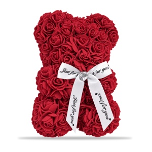 Ursuleț din trandafiri artificiali bordo, cu fundă albă „Just for you” - Img 2