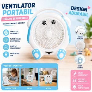 Ventilator Portabil 30 cm Alb cu Albastru – Design Drăguț, Silențios, 25W - Img 3