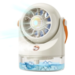 Ventilator portabil cu pulverizare apa si rezervor, 3 trepte viteza, LED, USB, crem