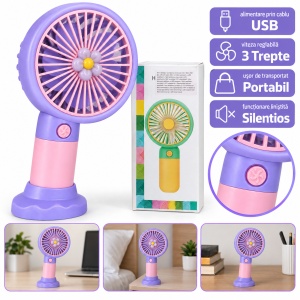 Ventilator portabil de mână cu USB, 3 trepte de viteză, model floare mov - Img 6