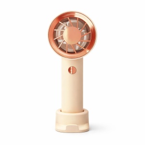 Ventilator portabil elegant, 3 viteze, USB-C, cu snur si suport inclus, crem cu auriu