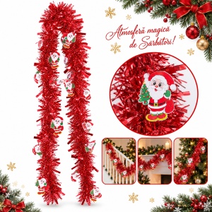Beteală de Crăciun roșie cu ornamente Moș Crăciun, plastic, lungime 200 cm, diametru 9 cm