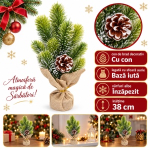 Brad decorativ artificial de Craciun cu con, bază din iută, 38 cm - Img 4