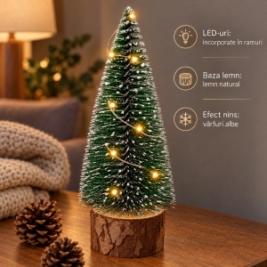 Brăduț decorativ cu LED, bază din lemn natural, verde cu vârfuri albe, 15x6cm - Img 2