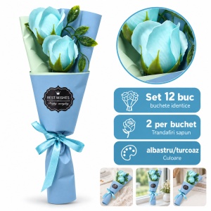 Buchet decorativ cu trandafiri albastri, set cadou albastru, 25 cm