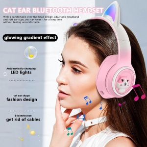 Casti wireless Bluetooth cu urechi de pisica LED, pliabile, pentru copii si adulti, roz - Img 3