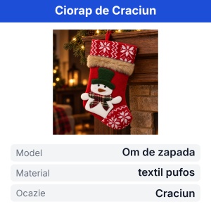 Ciorap de Crăciun decorativ, model Om de Zăpadă, textil pufos, roșu cu alb, 35x17cm - Img 2