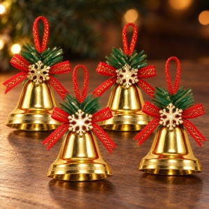 Clopoței decorativi de Crăciun, set 4 bucăți, plastic auriu, fundiță roșie, ambalaj 20 x 15 cm - Img 5