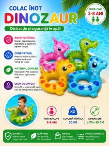 Colac gonflabil dinozaur galben pentru copii, 70 x 55 cm, design vesel și sigur - Img 3