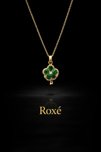 Colier Roxé auriu cu pandantiv trifoi verde cu cristale, 40 cm, reglabil - Img 2